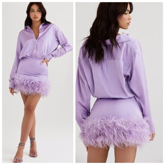 NWOT House of CB Tyra Orchid Satin Feather Shirt Dress Size XS - Picture 2 of 9